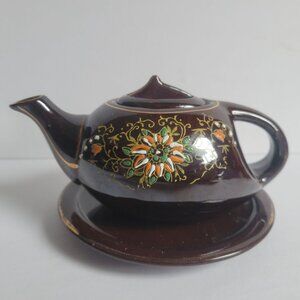 Vintage Brown Ceramic Teapot With Lid & Saucer Hand-Painted Floral & Butterfly D